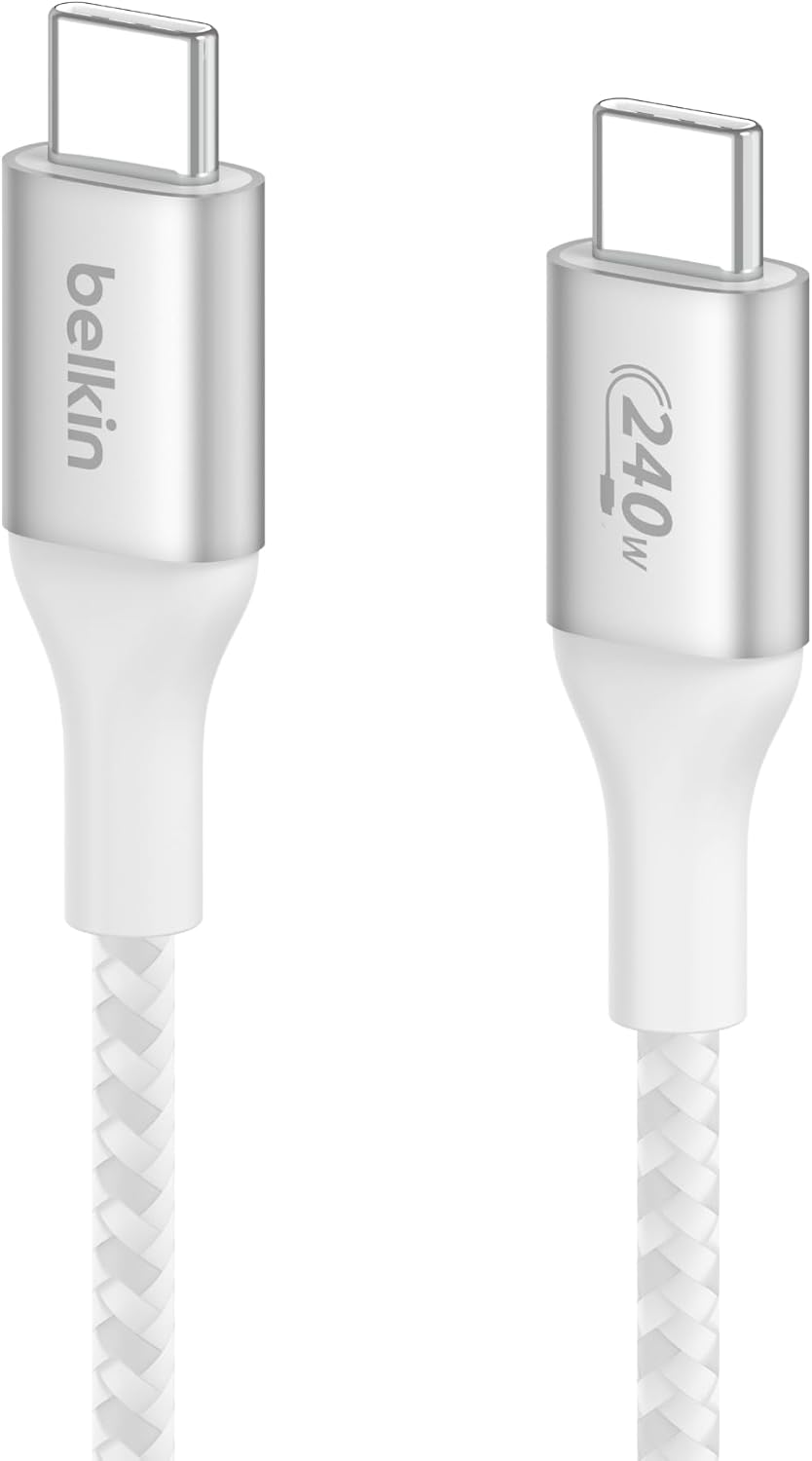 كابل شحن Belkin Boost Charge USB C إلى USB C، بطول 3.3 قدم، شاحن Type C بقوة 240 واط وطول 1 متر، أبيض