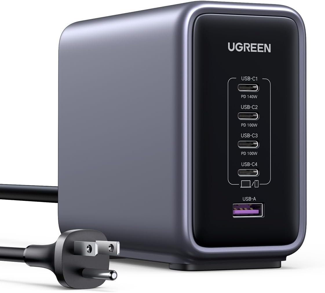 UGREEN Nexode 300W USB C Charger Block، محطة شحن بخمسة منافذ GaN Desktop Charger باللون الأسود