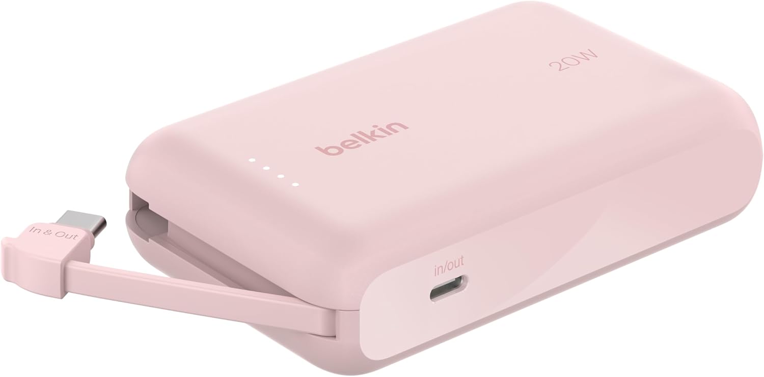 Belkin - BoostCharge Power Bank 10 000 Mah - Power Delivery 20 Watt with USB-C Integrated Cable and USB-C Port - Pink