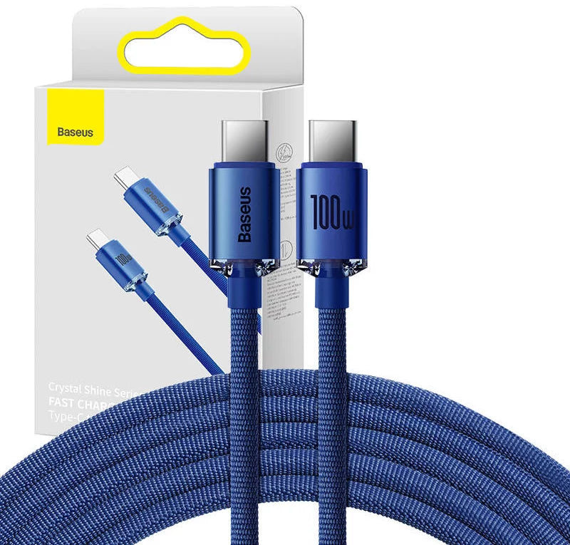 كابل Baseus Crystal Shine USB-C إلى USB-C، 100 واط، 1.2 متر (أزرق)