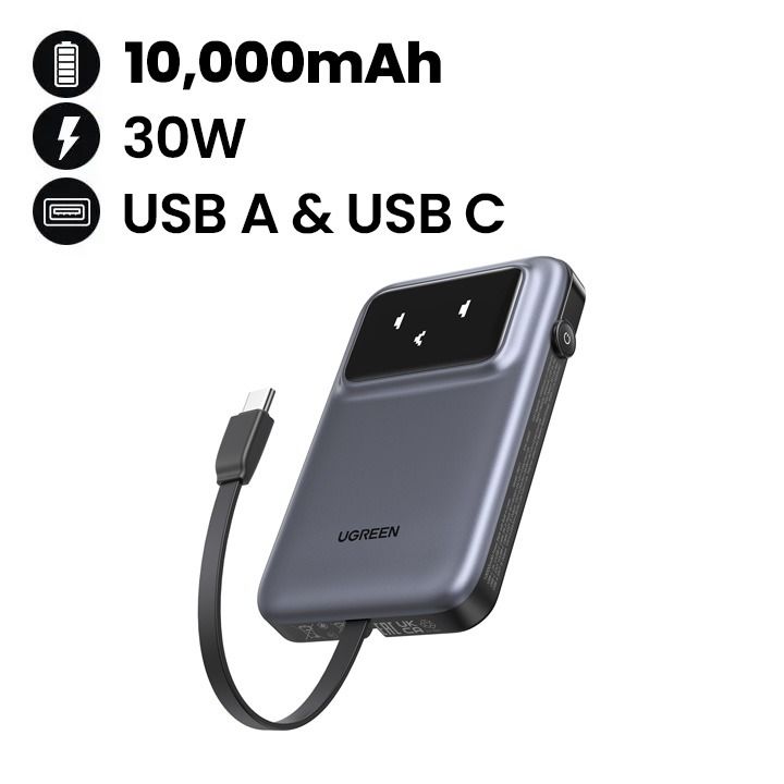 بنك طاقة يو جرين 10,000 مللي أمبير/ساعة مع روبوت شحن سريع 30 وات مع منفذ USB-C مدمج، رمادي