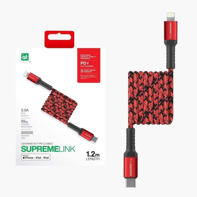 كابل AMAZINGTHING من SupremeLink MFI Lightning إلى USB C Bullet Shield بطول 1.2 متر باللون الأحمر 2