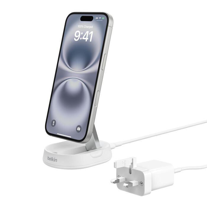 Belkin Boost Charge Pro 15W convertible magnetic wireless charging stand, MagSafe compatible fast Qi2 wireless charger White