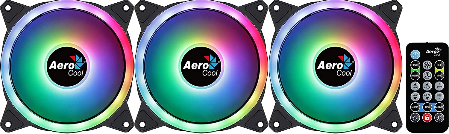 Aerocool Duo 12 Pro Pack – 3 x ARGB Fans 120mm, 1 x H66F RGB Fan Hub, Remote control, Double RGB LED Ring and 18 LEDs, Includes 6-pin connector, Curved Blades and Anti-Vibration Pads, 12v Fan, Black