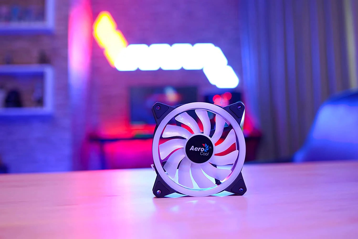 Aerocool Duo 12 PC fan – 120mm Fan with Double Ring RGB LED Lighting and 28 LEDs, Includes a 6-Pin Connector, Curved Blades and Anti-Vibration Pads, ARGB hub Compatible, 1000 RPM, Single Fan, Black