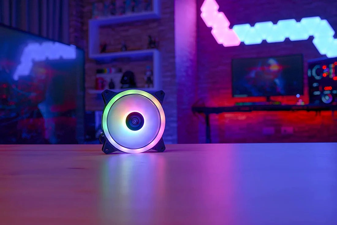 Aerocool Duo 12 PC fan – 120mm Fan with Double Ring RGB LED Lighting and 28 LEDs, Includes a 6-Pin Connector, Curved Blades and Anti-Vibration Pads, ARGB hub Compatible, 1000 RPM, Single Fan, Black