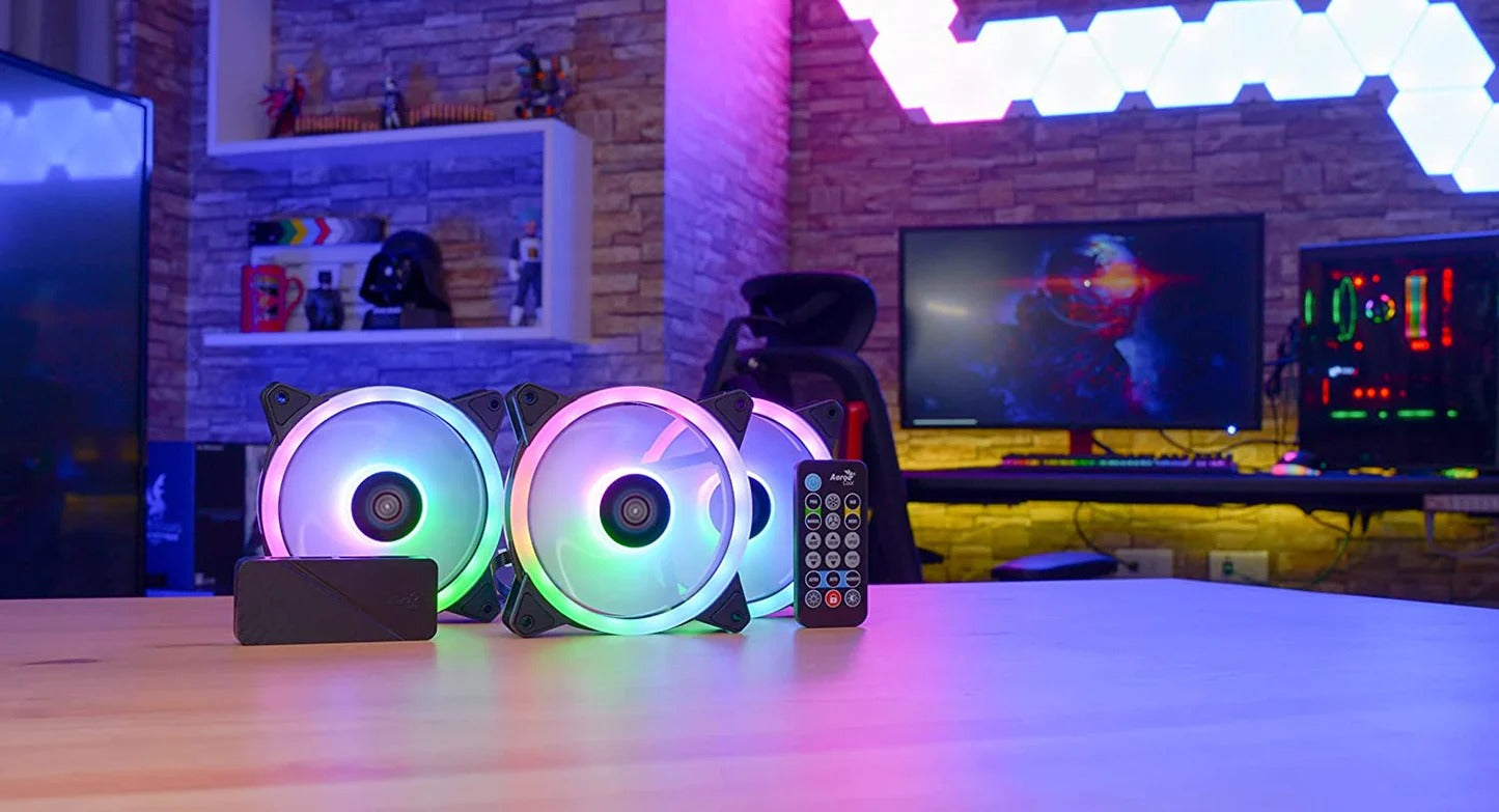 Aerocool Duo 12 Pro Pack – 3 x ARGB Fans 120mm, 1 x H66F RGB Fan Hub, Remote control, Double RGB LED Ring and 18 LEDs, Includes 6-pin connector, Curved Blades and Anti-Vibration Pads, 12v Fan, Black