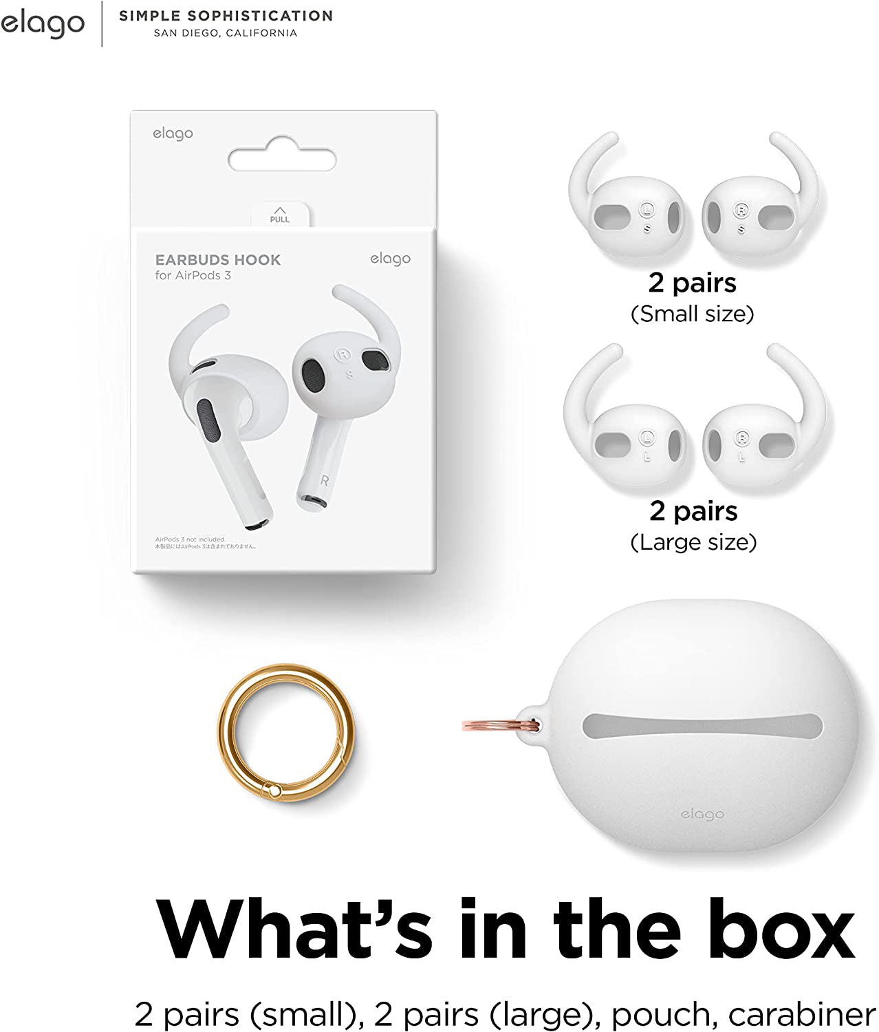 غطاء سماعات الأذن Elago AirPods 3 مع خطافات وحقيبة، أبيض