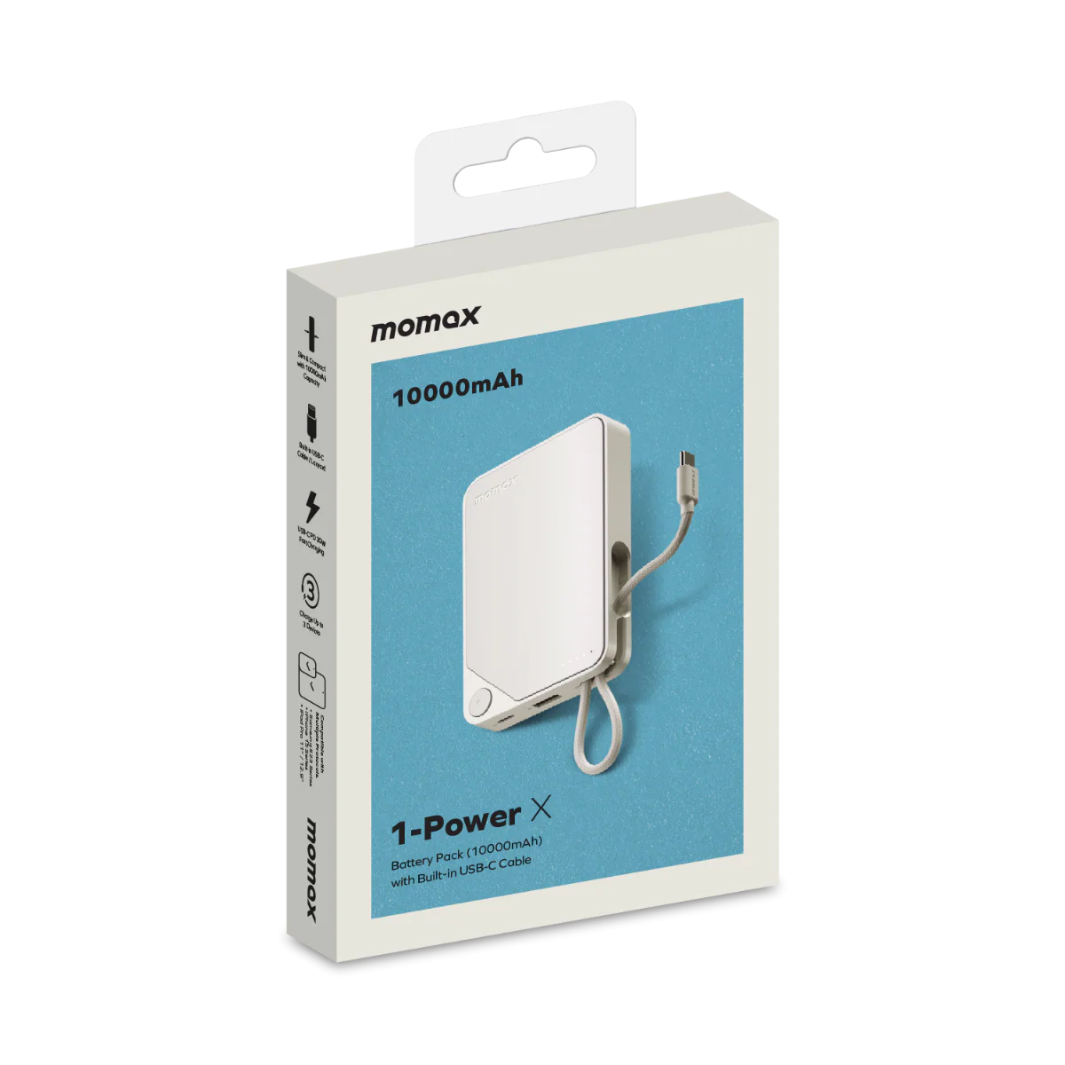 مجموعة بطاريات Momax 1-Power X (10000 مللي أمبير/ساعة) مع كابل USB-C مدمج (أبيض)