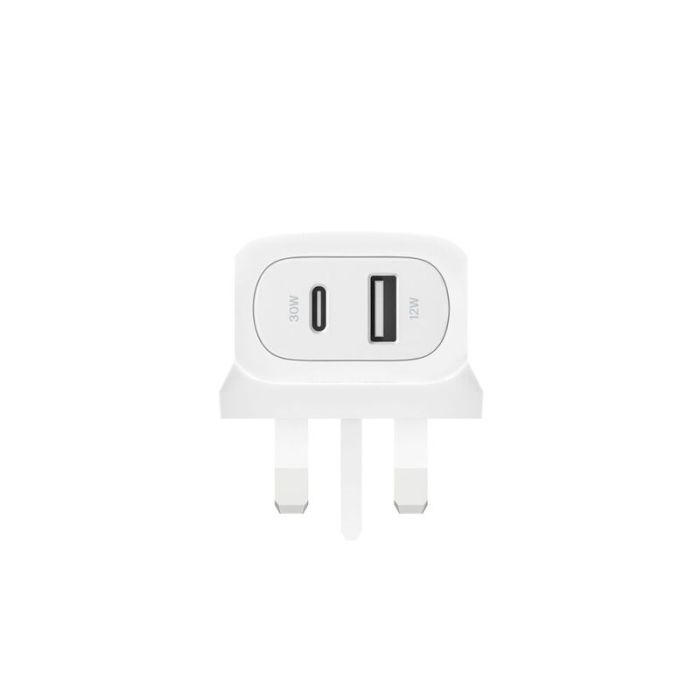 شاحن Belkin PD 42W USB-C وUSB-A ثنائي الحائط (أبيض)