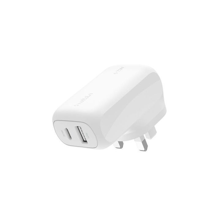 شاحن Belkin PD 42W USB-C وUSB-A ثنائي الحائط (أبيض)
