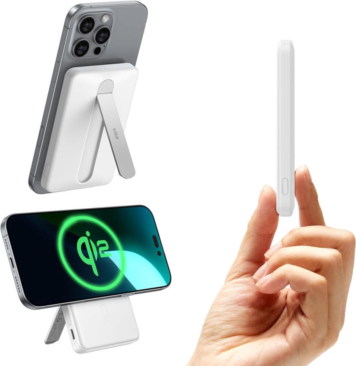 حامل ESR Qi2 MagSlim - بنك طاقة مغناطيسي 15 وات 5,000 مللي أمبير في الساعة - متوافق مع MagSafe وESR Halo Lock باللون الأبيض