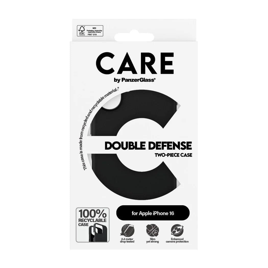 جراب CARE من PanzerGlass ذو الحماية المزدوجة باللون الأسود لهاتف iPhone 16