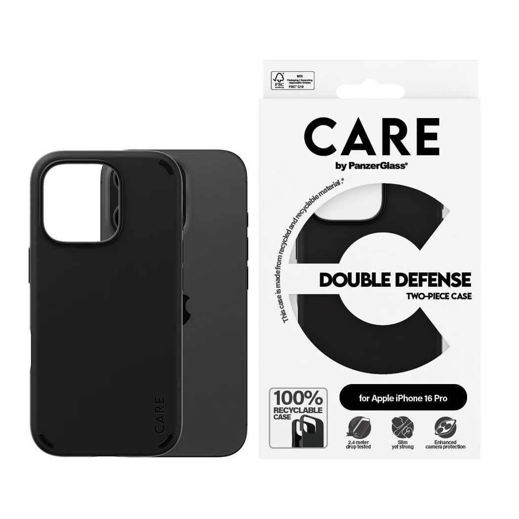 جراب CARE من PanzerGlass ذو الحماية المزدوجة باللون الأسود لهاتف iPhone 16 Pro