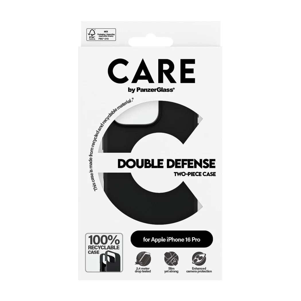 جراب CARE من PanzerGlass ذو الحماية المزدوجة باللون الأسود لهاتف iPhone 16 Pro