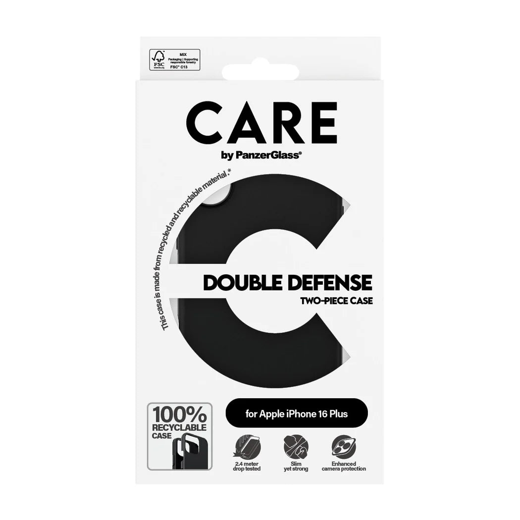 جراب CARE من PanzerGlass ذو الحماية المزدوجة باللون الأسود لهاتف iPhone 16 Plus