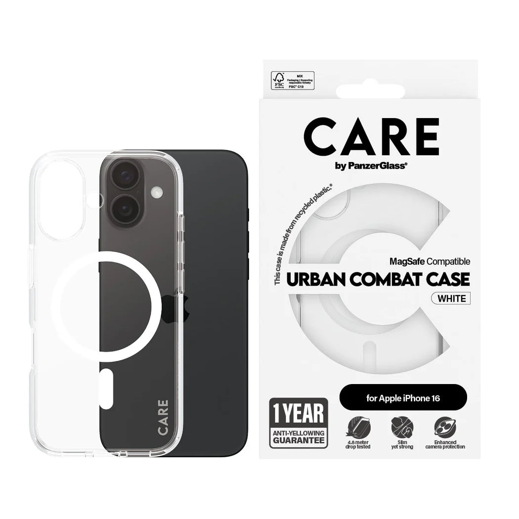 غطاء حماية CARE by PanzerGlass الرائد – أبيض مع MagSafe – لجهاز Apple iPhone 16 (6.1″)
