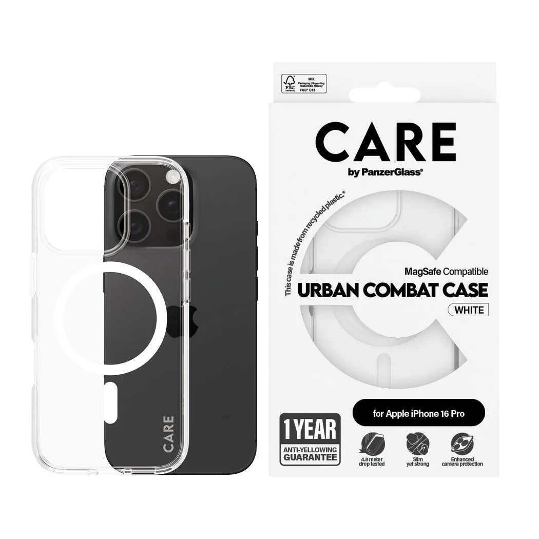 غطاء حماية CARE by PanzerGlass الرائد – أبيض مع MagSafe – لجهاز Apple iPhone 16 Pro (6.3″)