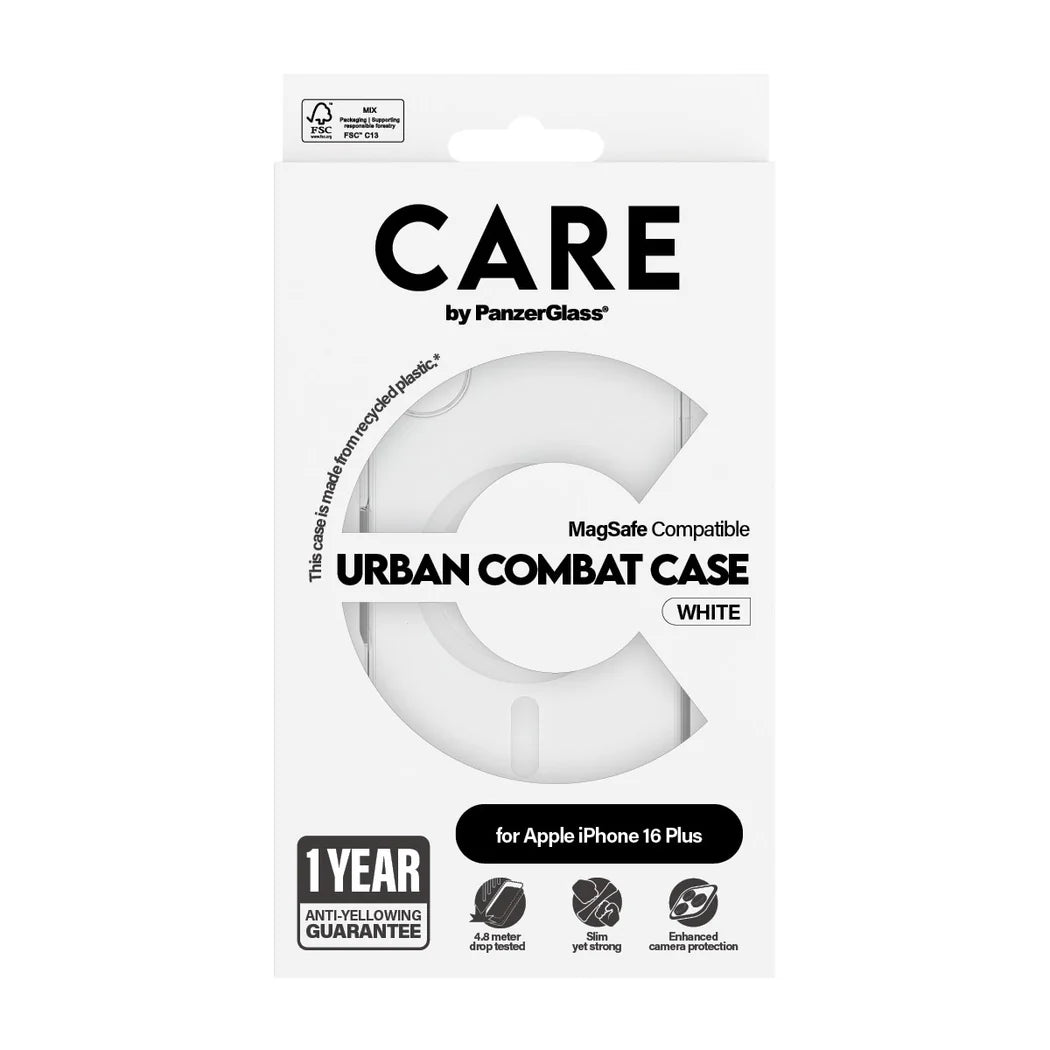 غطاء حماية CARE by PanzerGlass الرائد – أبيض مع MagSafe – لجهاز Apple iPhone 16 Plus (6.7″)