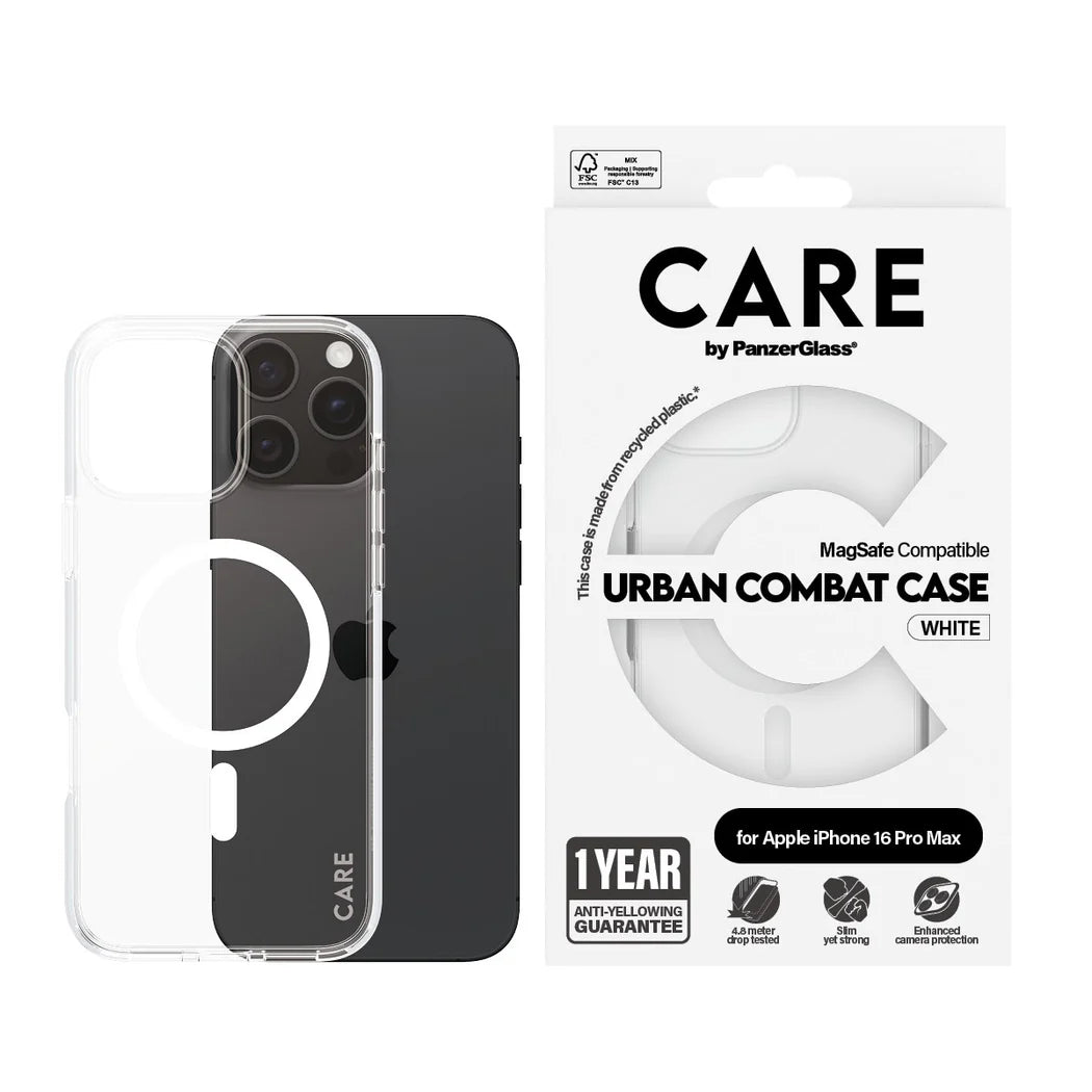 غطاء حماية CARE by PanzerGlass الرائد – أبيض مع MagSafe – لجهاز Apple iPhone 16 Pro Max (6.9 بوصة)