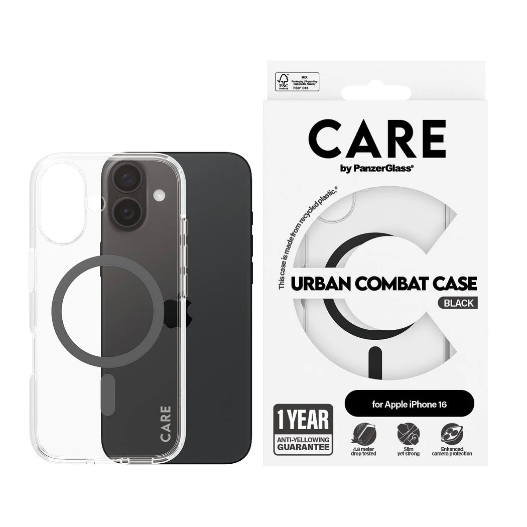 غطاء حماية CARE by PanzerGlass الرائد – أسود مع MagSafe – لجهاز Apple iPhone 16 (6.1″)