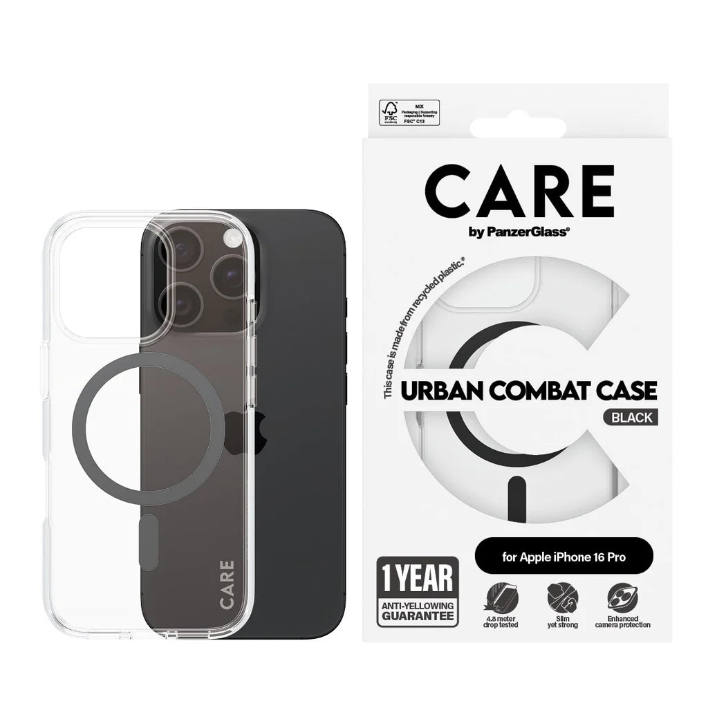 غطاء حماية CARE by PanzerGlass الرائد – أسود مع MagSafe – لجهاز Apple iPhone 16 Pro (6.3″)