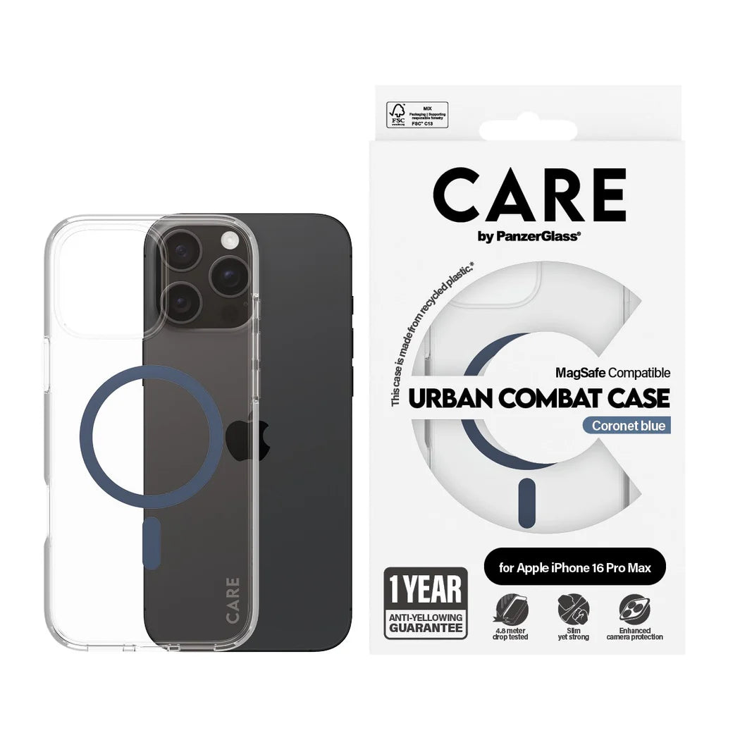 غطاء حماية CARE by PanzerGlass الرائد - أزرق مع MagSafe - لجهاز Apple iPhone 16 Pro Max (6.9 بوصة)