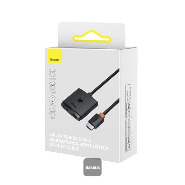 مفتاح HDMI ثنائي الاتجاه 2 في 1 من سلسلة Baseus AirJoy مع مجموعة كابلات بطول 1 متر باللون الأسود