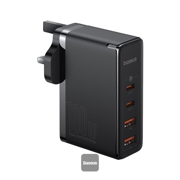 شاحن سريع Baseus GaN5 Pro، 100 واط، 4 منافذ | 2 من النوع C و2 من نوع USB-A، قابس المملكة المتحدة بقوة 100 واط، بطول 1 متر - أسود