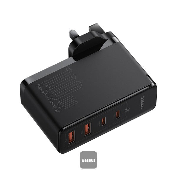 شاحن سريع Baseus GaN5 Pro، 100 واط، 4 منافذ | 2 من النوع C و2 من نوع USB-A، قابس المملكة المتحدة بقوة 100 واط، بطول 1 متر - أسود