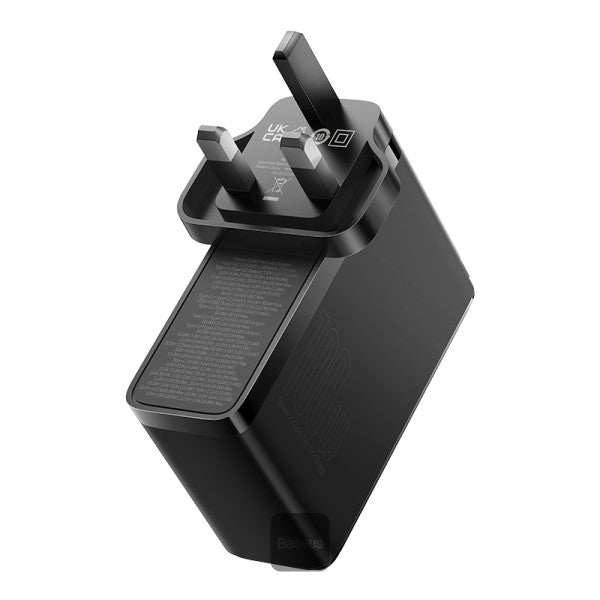 شاحن سريع Baseus GaN5 Pro، 100 واط، 4 منافذ | 2 من النوع C و2 من نوع USB-A، قابس المملكة المتحدة بقوة 100 واط، بطول 1 متر - أسود