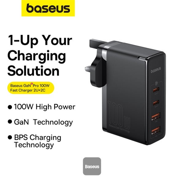 شاحن سريع Baseus GaN5 Pro، 100 واط، 4 منافذ | 2 من النوع C و2 من نوع USB-A، قابس المملكة المتحدة بقوة 100 واط، بطول 1 متر - أسود