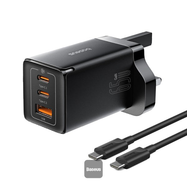 شاحن سريع Baseus GaN5 Pro، 65 واط، بثلاثة منافذ | منفذين Type-C وUSB-A، - أسود