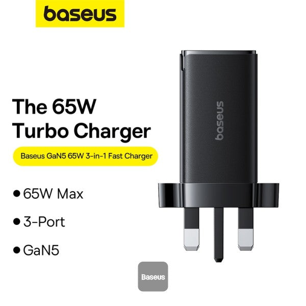 شاحن سريع Baseus GaN5 Pro، 65 واط، بثلاثة منافذ | منفذين Type-C وUSB-A، - أسود