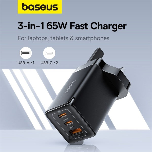 شاحن سريع Baseus GaN5 Pro، 65 واط، بثلاثة منافذ | منفذين Type-C وUSB-A، - أسود