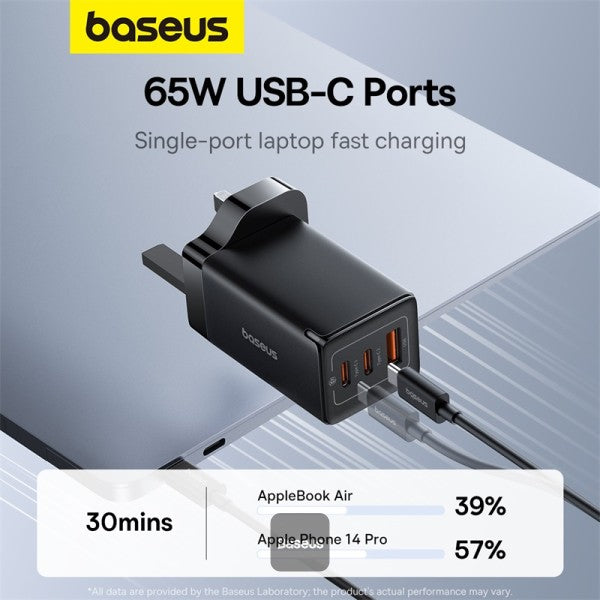 شاحن سريع Baseus GaN5 Pro، 65 واط، بثلاثة منافذ | منفذين Type-C وUSB-A، - أسود