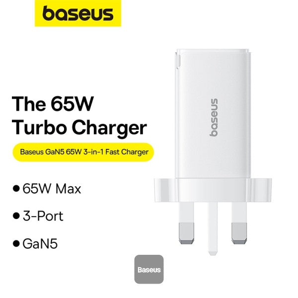 شاحن سريع Baseus GaN5 Pro بقوة 65 واط بثلاثة منافذ | منفذين Type-C + USB-A - أبيض