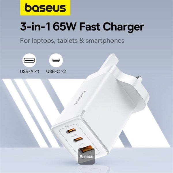 شاحن سريع Baseus GaN5 Pro بقوة 65 واط بثلاثة منافذ | منفذين Type-C + USB-A - أبيض