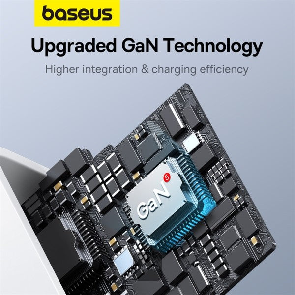 شاحن سريع Baseus GaN5 Pro بقوة 65 واط بثلاثة منافذ | منفذين Type-C + USB-A - أبيض