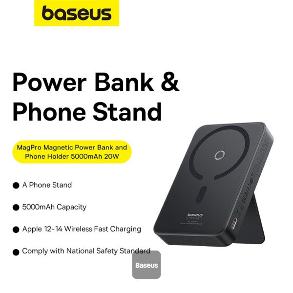باور بانك Baseus MagPro 5000mAh لاسلكي سريع الشحن PD 20W مع حامل مغناطيسي - أسود