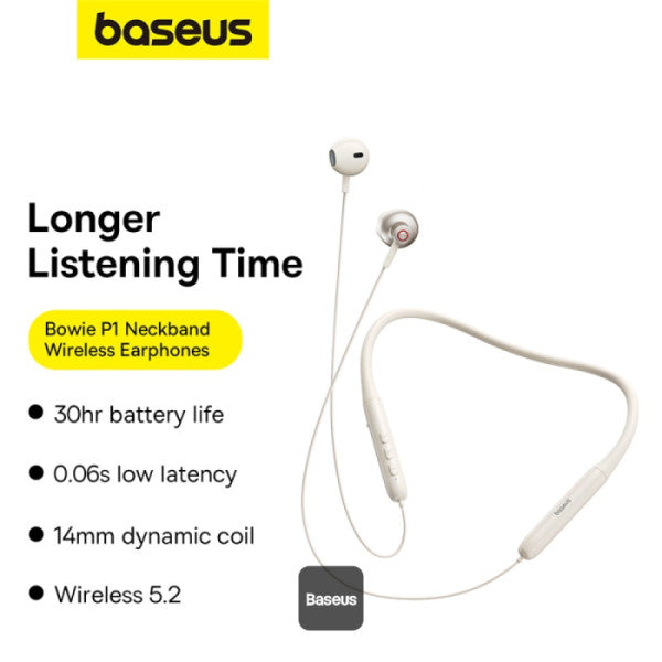 سماعات أذن لاسلكية Baseus Bowie P1 حول الرقبة - أبيض لامع