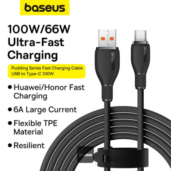 كابل شحن سريع من سلسلة Baseus Pudding من USB إلى Type-C بقوة 100 وات بطول 1.2 متر، أسود عنقودي
