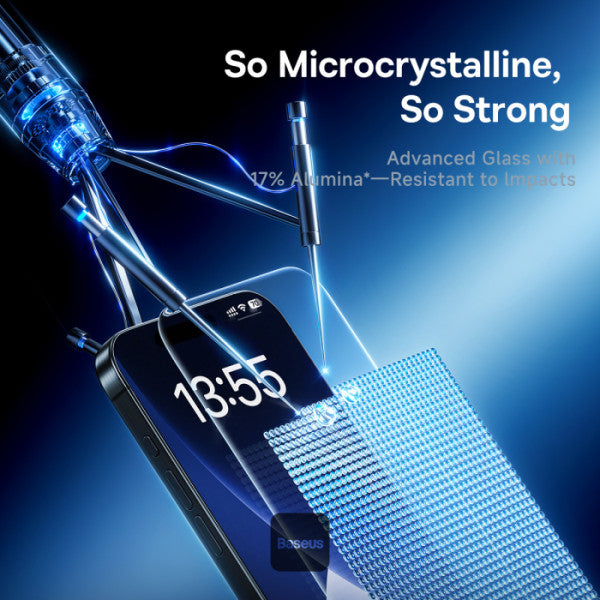 واقي شاشة من الزجاج المقوى عالي الدقة بتغطية كاملة من سلسلة Baseus Sapphire لهاتف iPhone 16 Pro مع فلتر غبار مدمج ومجموعة تركيب سهلة - شفاف 