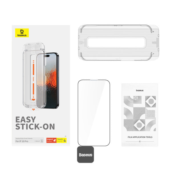 Baseus Sapphire Series Full-Coverage HD Tempered Glass Screen Protector for iPhone 16 Pro Built-in Dust Filter Easy Installation Kit - Clear