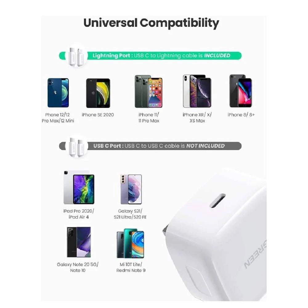 شاحن يو جرين سريع PD بقوة 20 وات مع كابل USB-C إلى Lightning بطول 1 متر، أبيض