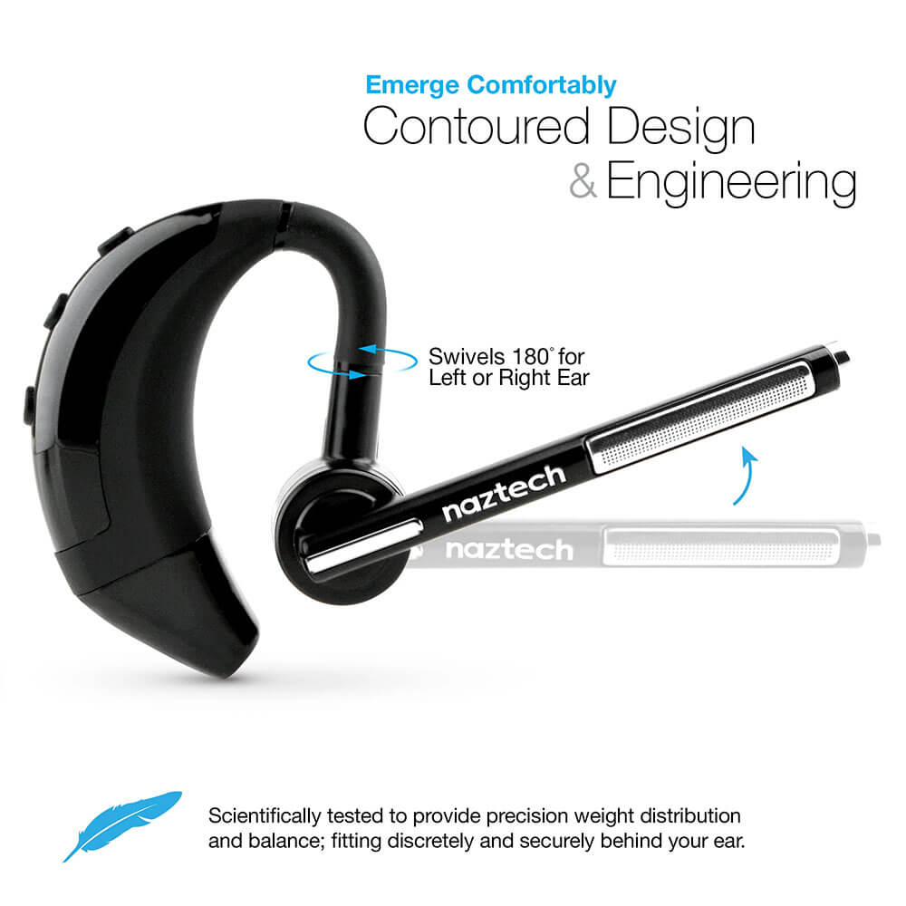 Naztech - سماعة بلوتوث Mono N750 Emerge مع ميكروفون Boom Mic وخاصية إلغاء الضوضاء لمدة 7 ساعات من التحدث وتصميم فوق الأذن