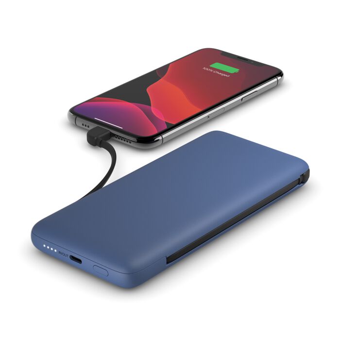 Belkin Boost Charge Plus 10K Portable Charger/Power Bank 10,000mAh with Integrated Lightning and USB-C Cables Blue