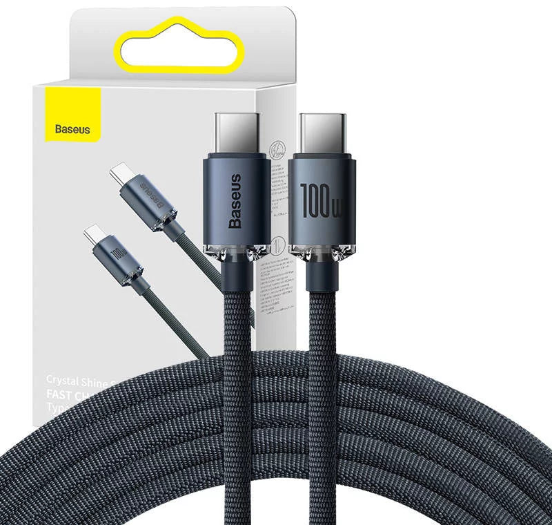 كابل Baseus Crystal Shine USB-C إلى USB-C، 100 واط، 2 متر، أسود
