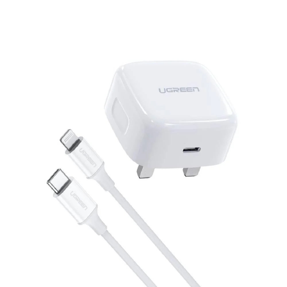 شاحن يو جرين سريع PD بقوة 20 وات مع كابل USB-C إلى Lightning بطول 1 متر، أبيض