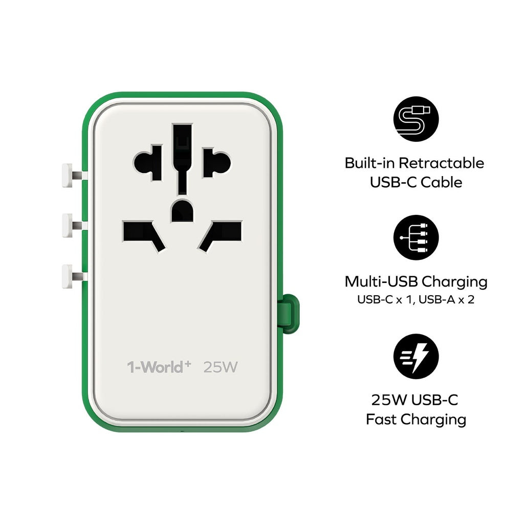 MOMAX 1-WORLD 25W 3 PORT WITH BUILT-IN USB-C CABLE AC TRAVEL ADAPTOR (Color: GREEN)